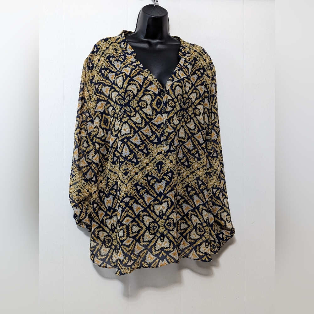 Women's A.N.A Geometric Sheer Top Size 4X Gold and Blue